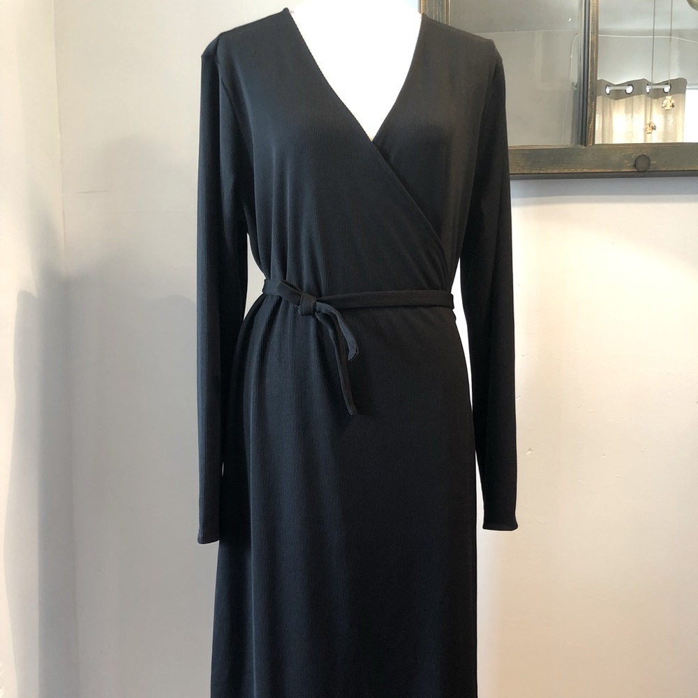 H&M Ribbed LS Midi Wrap Dress Black XL NWT
